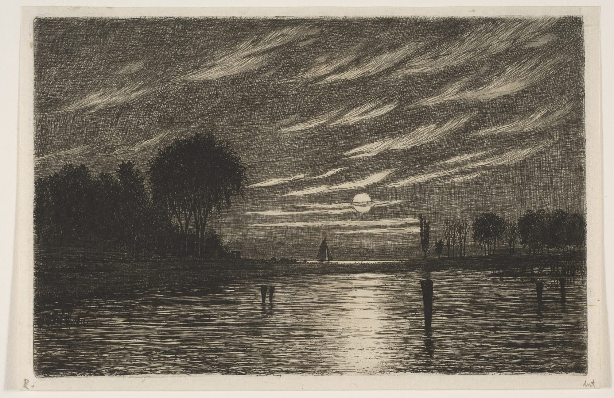 Etching of Little Hell Gate, Harlem, New York, with darkened trees on either side of moonlit water, a sailboat in the distance