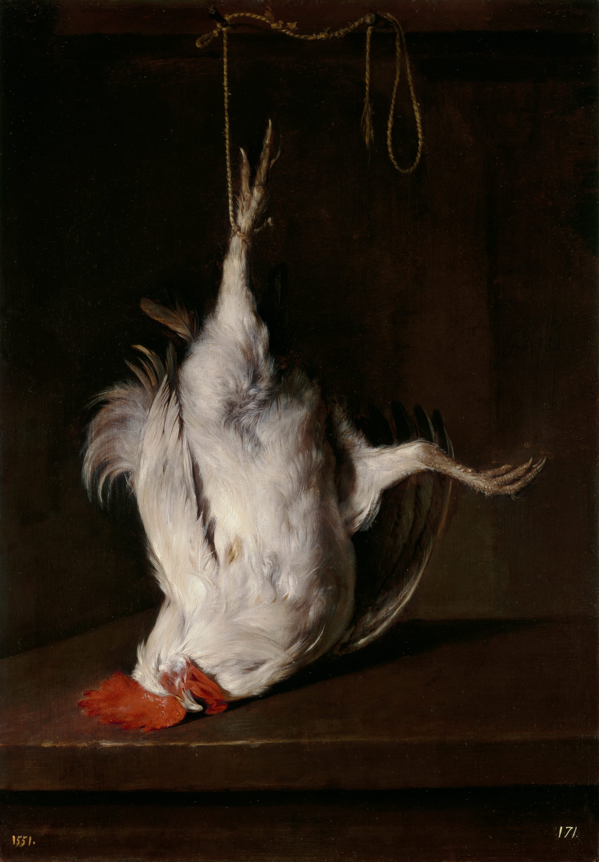 Dead Cock (1650) by Gabriël Metsu, a weirdly gorgeous painting of a dead rooster hanging by one leg from a cord
