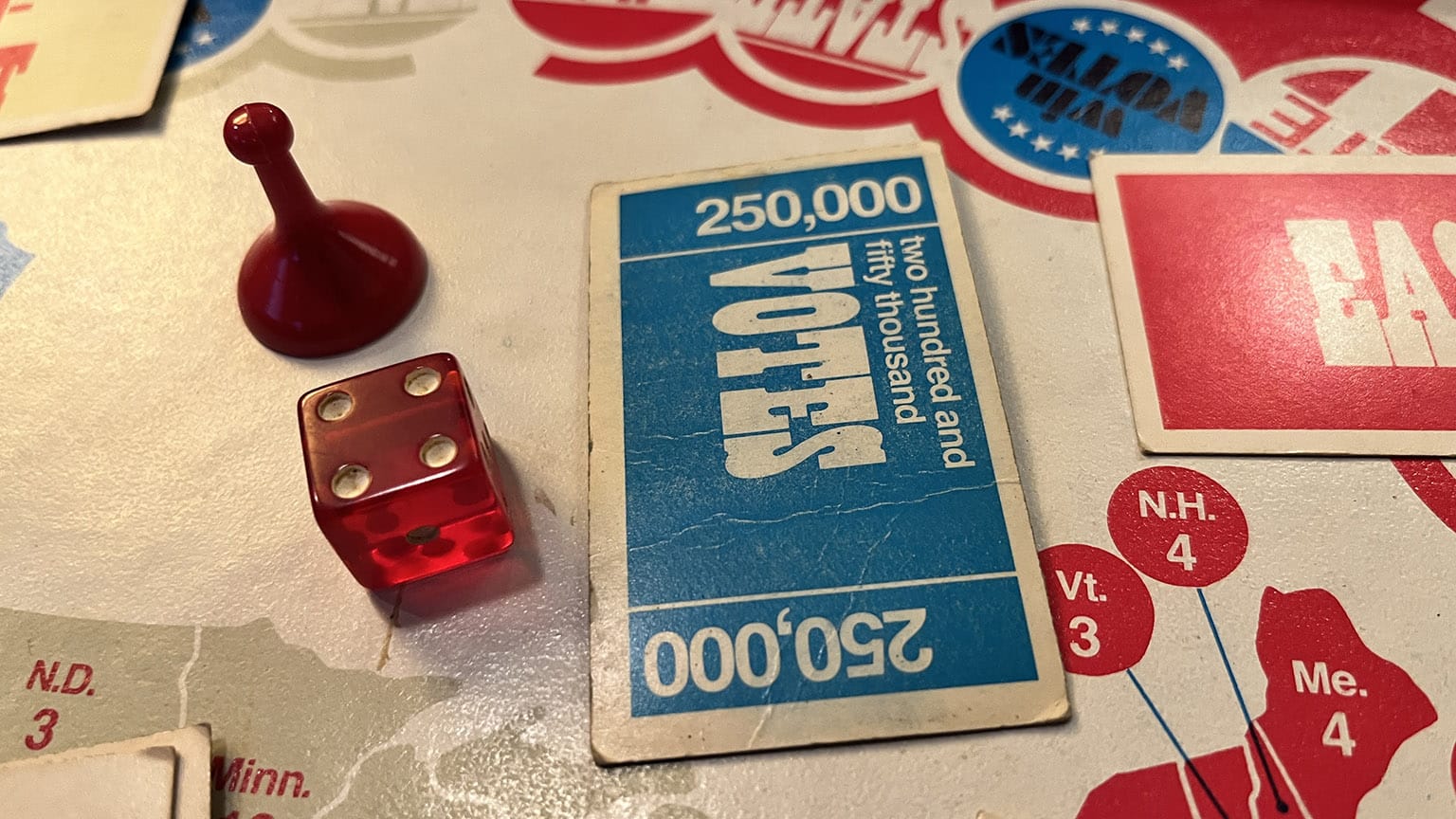 'LANDSLIDE' (1971) board, game pieces, and playing cards in colorful red white and blue