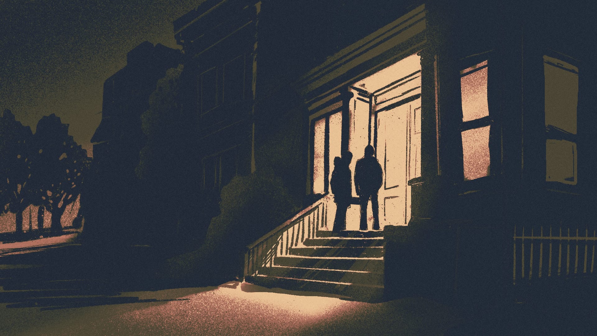 An ominous night scene; two dark figures stand on a residential porch in a small pool of light