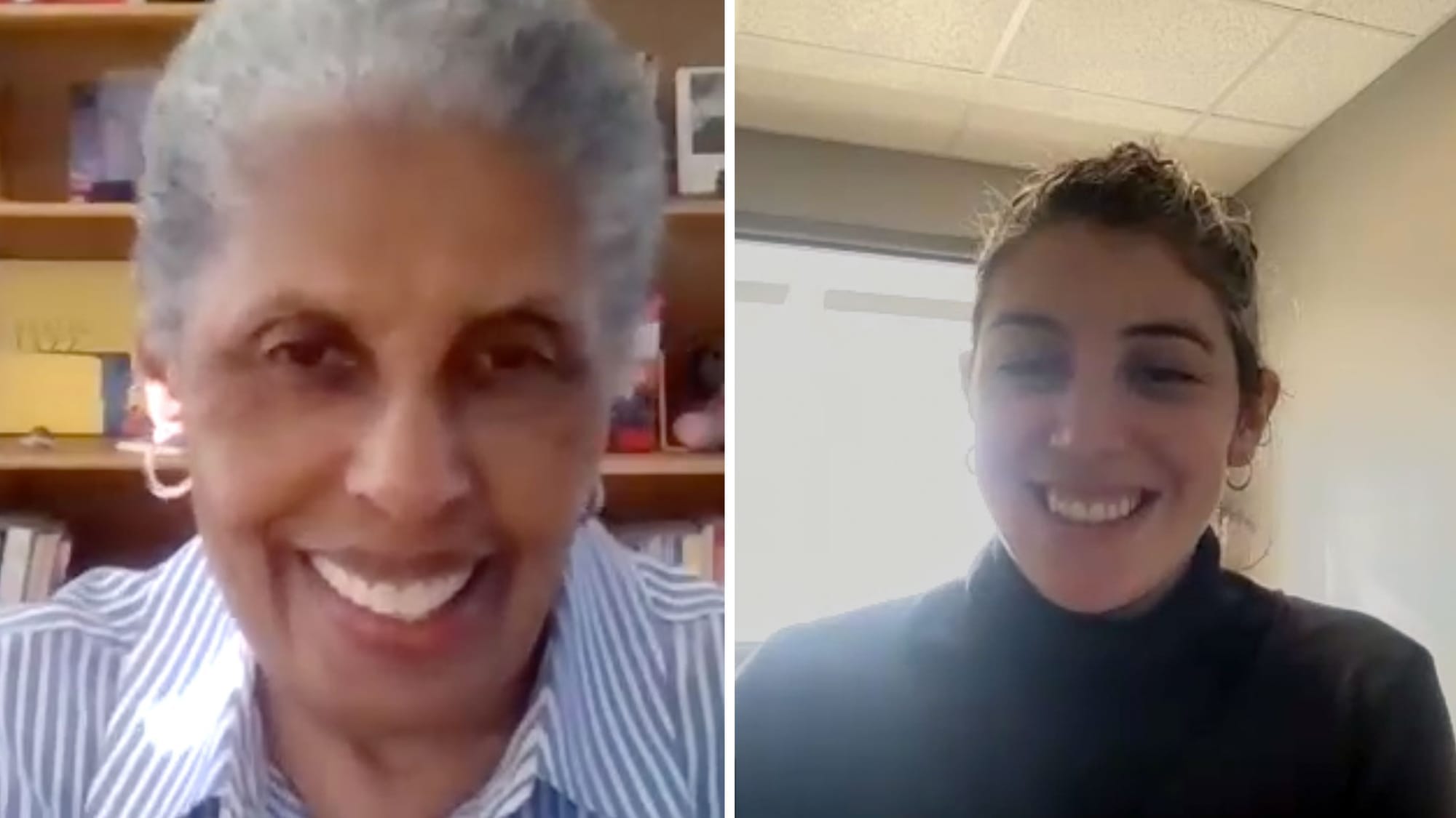 Screencaps of two smiling activists; k.e. harloe in a black turtleneck, and Barbara Smith in a crisp striped shirt