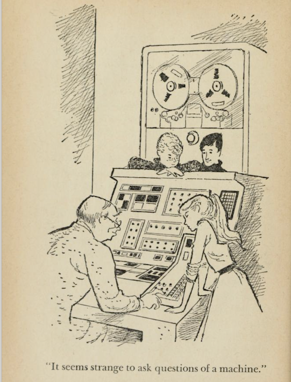 From the book, a full-page illustration of the three children and the Professor, who is at the control panel of the enormous computer as Irene leans in to observe in the foreground, with the two boys behind the machine leaning over and watching with a large computer-memory magnetic tape reel behind them.