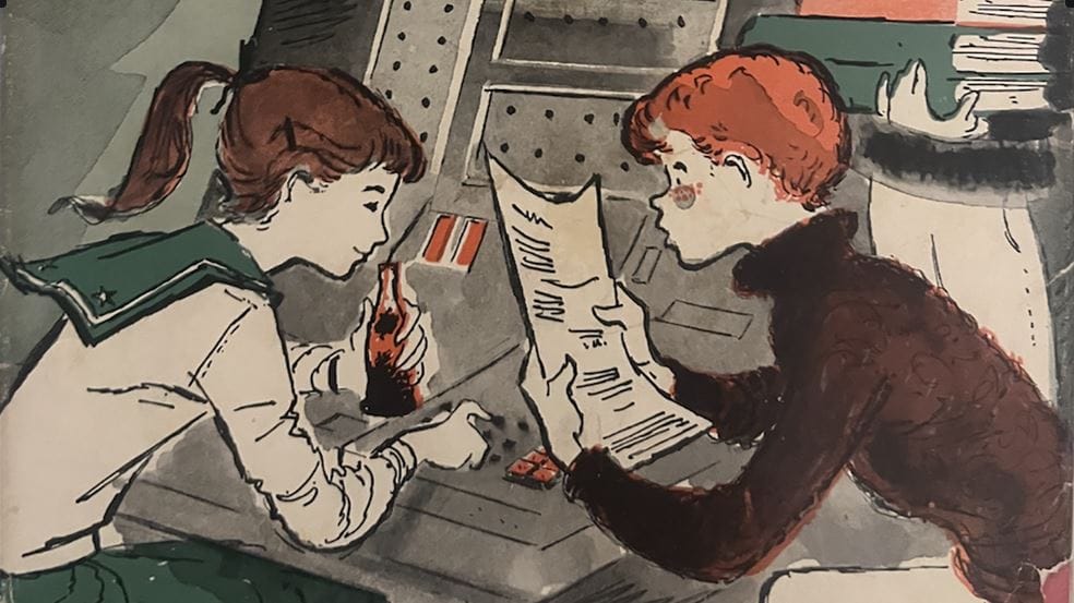 Detail from Ezra Jack Keats's cover illustration shows a ponytailed girl holding a bottle of pop with one hand and pushing buttons on a giant spaceship-like panel with the other, as a redheaded, befreckled Danny Dunn (seated next to her, wearing a brown wool turtleneck) studies a paper