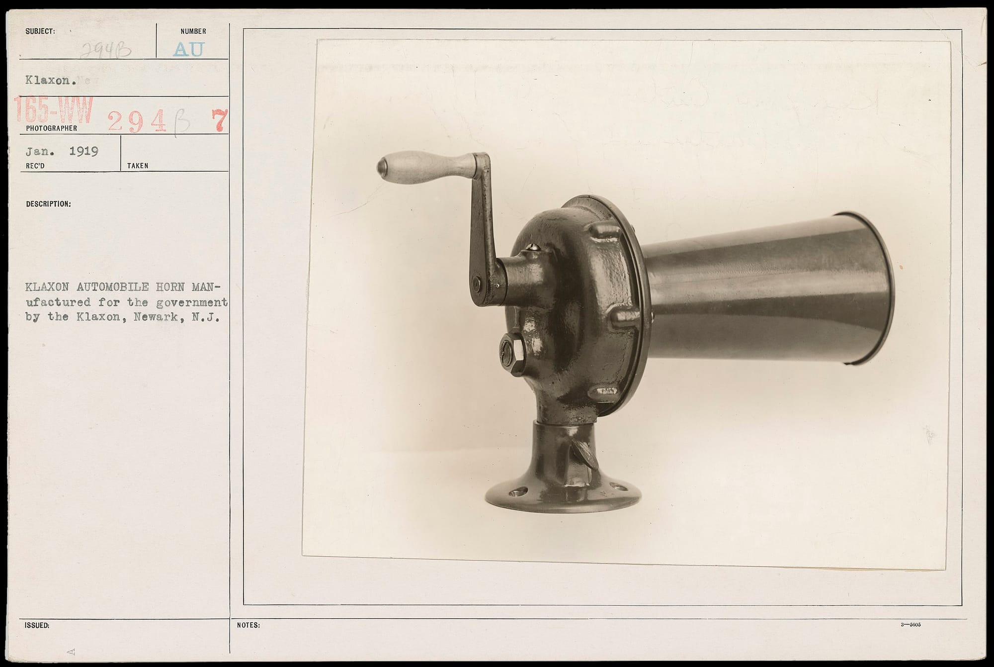 1919 U.S. War Dept. catalogue photo of a Klaxon car horn with manual crank, beautiful sepia tones mounted on a typed and stamped cream card