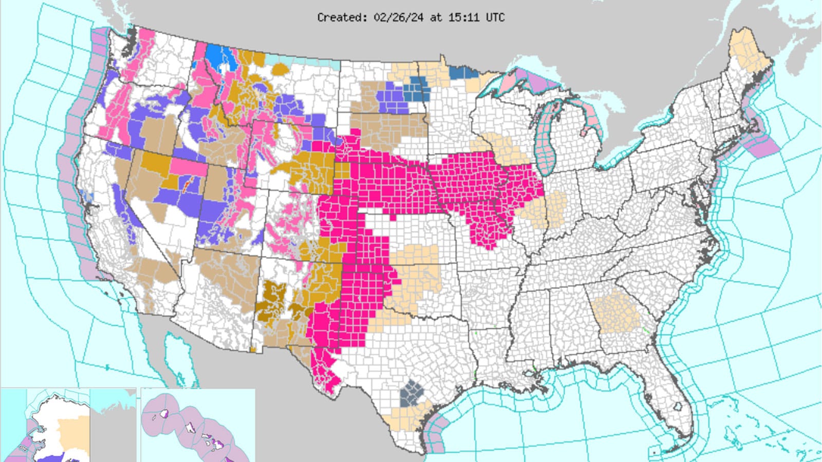 Colorful U.S. National Weather Service map, showing clickable regions offering detailed local forecasts
