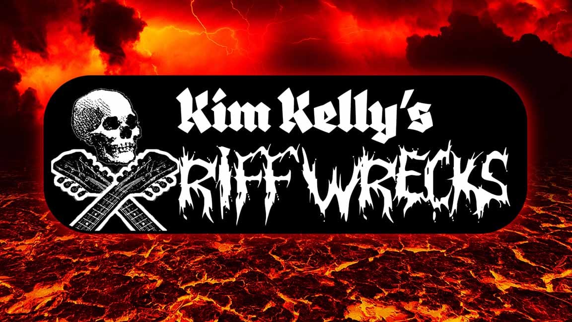"KIM KELLY'S RIFF WRECKS" LOGO WITH SKULL AND CROSSED GUITAR NECKS IN FRONT OF A FLAMING HELLSCAPE OF MOLTEN HELL