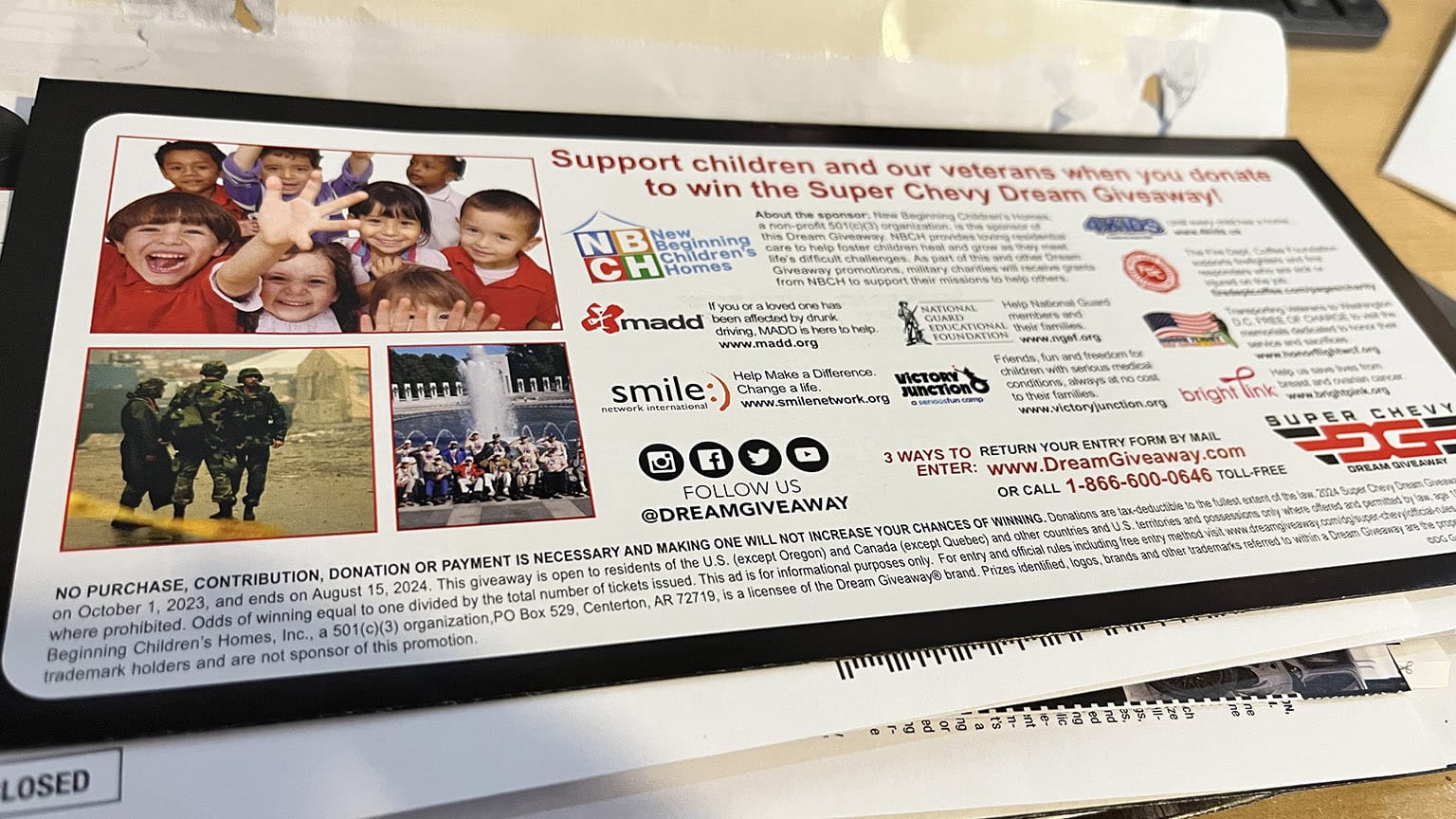Image fo the Dream Giveaway mailer wiht the children and charisites listed such as New Beginning Children's Homes, Smile Network International, and Mothers Against Drunk Driving