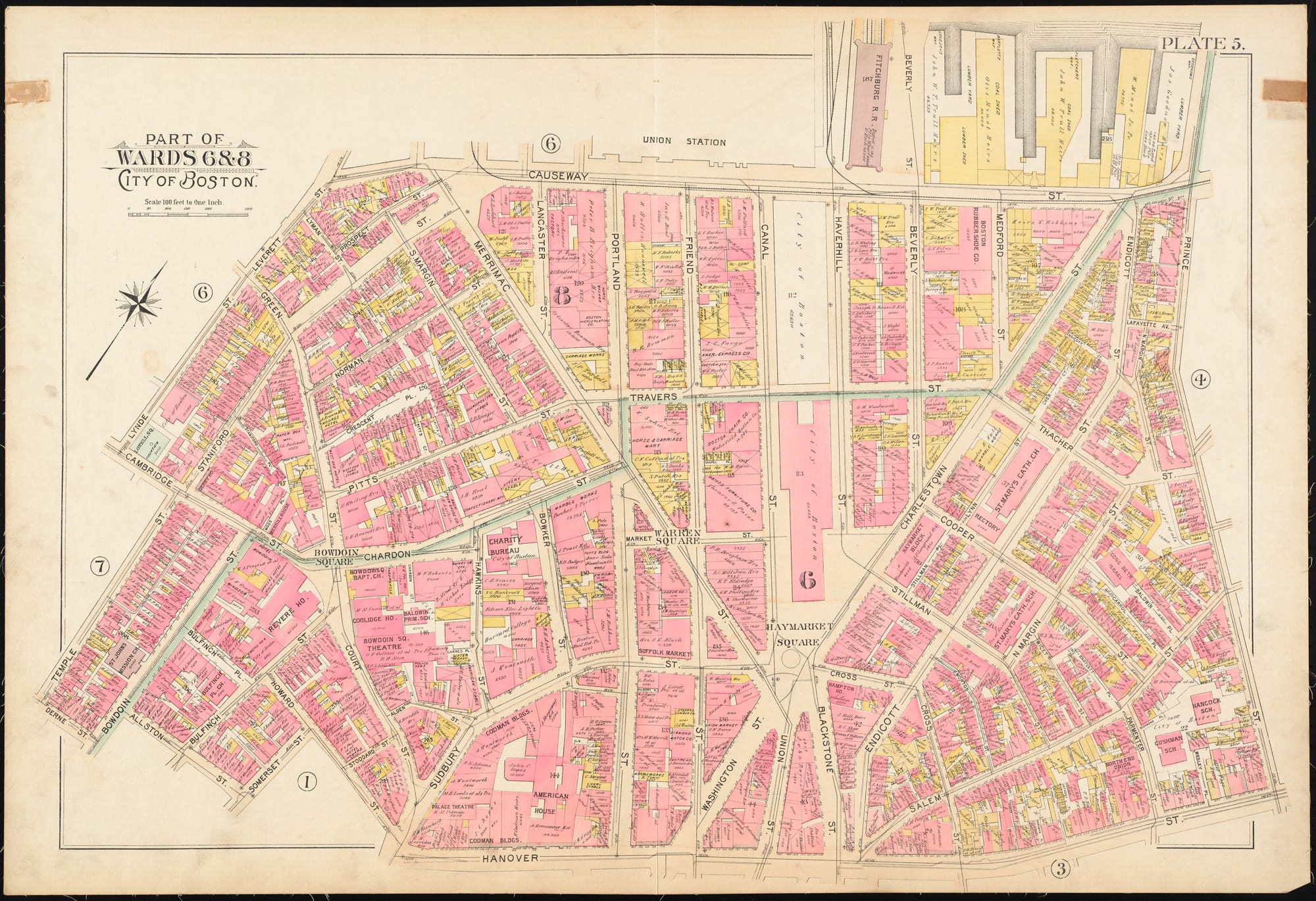 Map of the City of Boston dated 1895 on aged creamy paper with pink and yellow marks, showing the Roxbury district