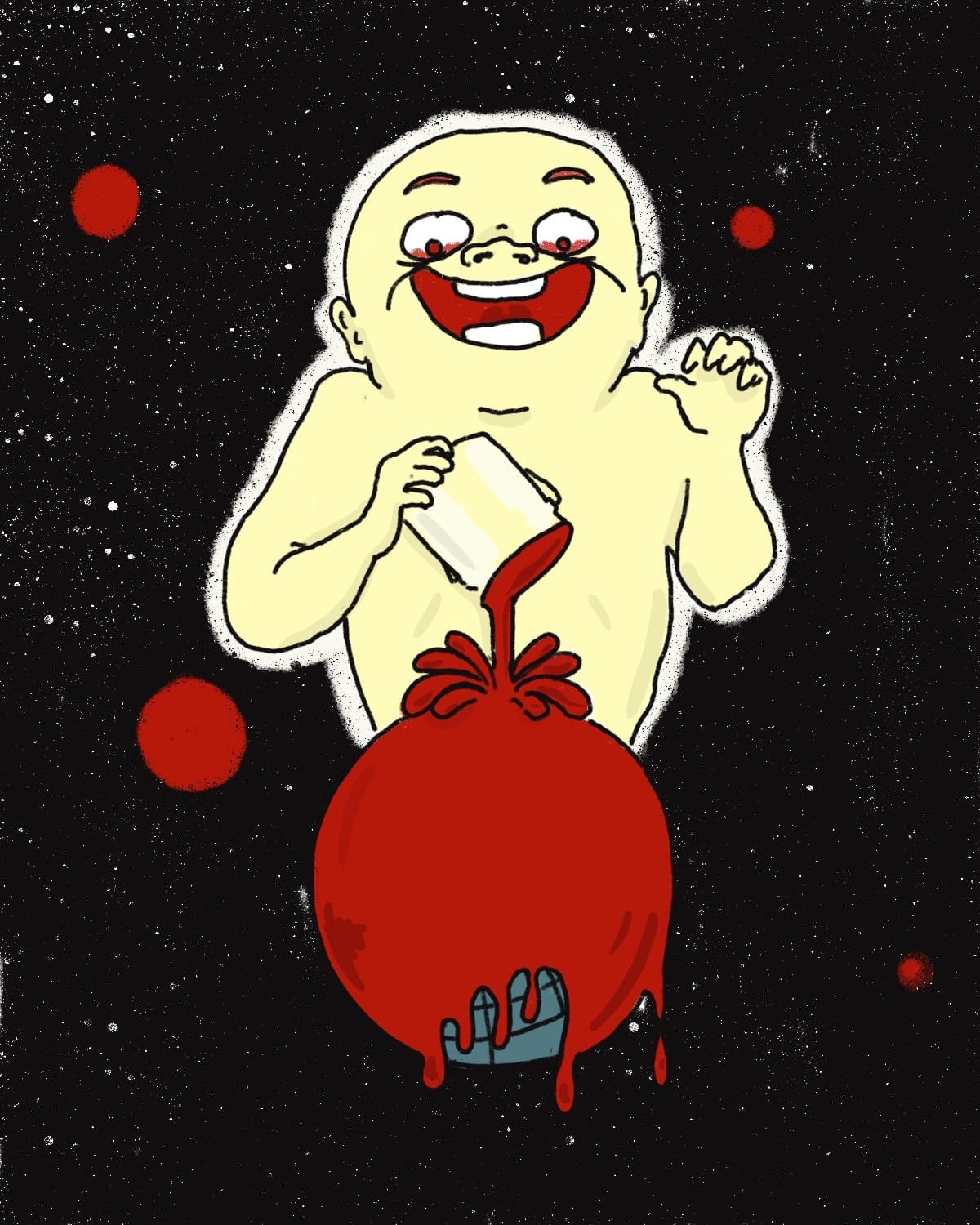 A demonic baby-looking evil genius suspended in space, upending a can of red paint over the Earth