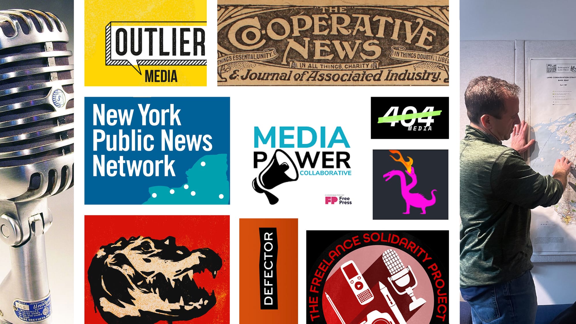 A bright collage of images for and about alternative and cooperative media, including Media Power Collaborative, Outlier Media, New York Public News Network, 404 Media, Defector, the Flaming Hydra, Freelance Solidarity Project, and How Things Work