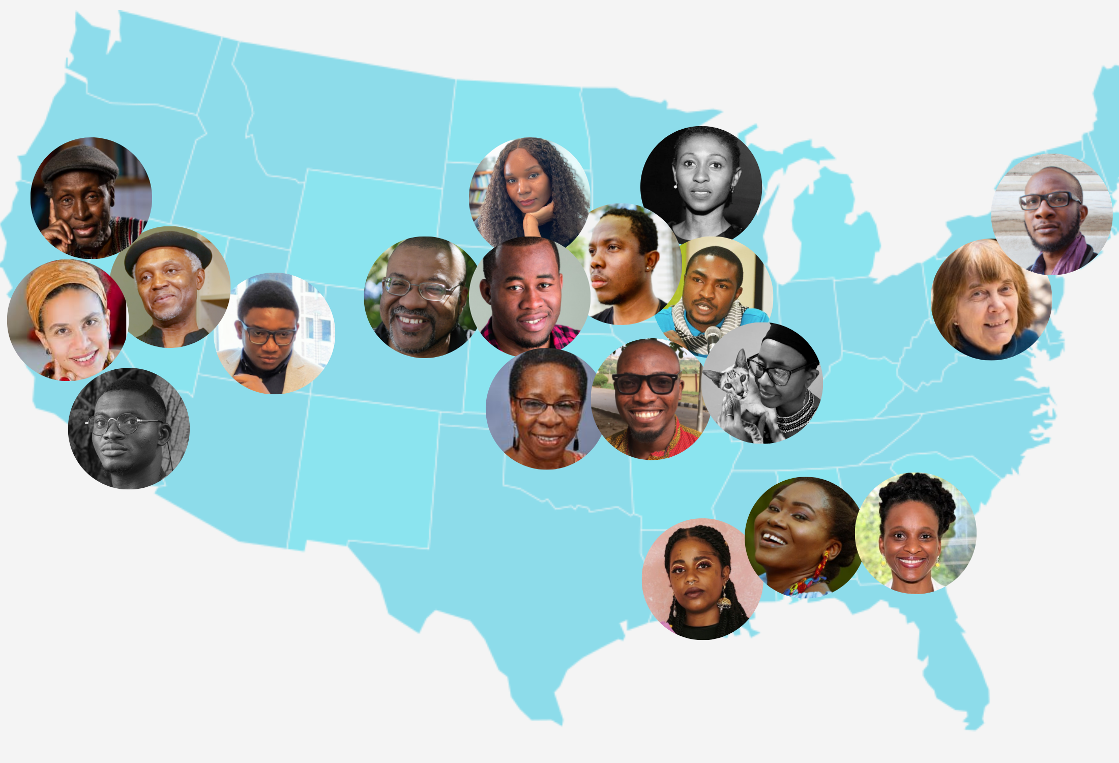 map of the US with little headshots of each writer on their respective states