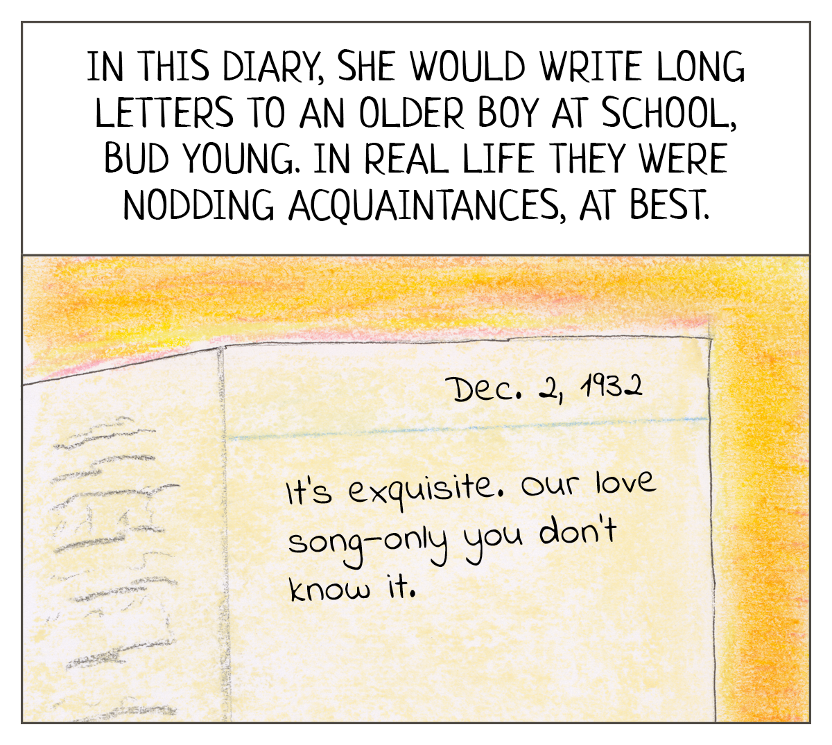 Reads: In this diary, she would write long letters to an older boy at school, Bud Young. In real life they were on a nodding acquaintance, at best.   A diary page, dated Dec. 2, 1932,  reads:  “It’s exquisite. Our love song—only you don’t know it.” 