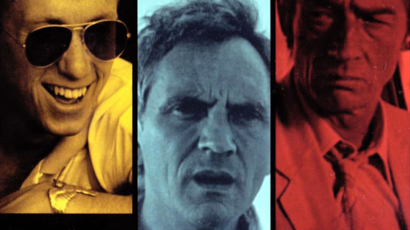 Detail of VHS cover image from The Hit (1984) shows filtered images of Tim Roth in aviator sunglasses (yellow), a concerned Terence Stamp (blue), and a grim John Hurt (red)