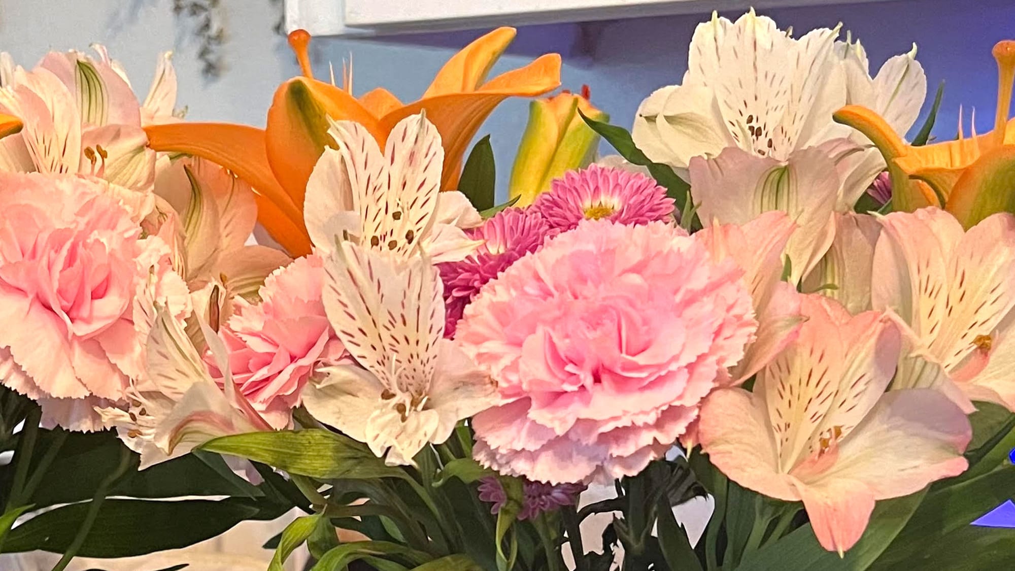 Closeup of a riotously colorful flower arrangement featuring alstroemeria, pink carnations and tiger lilies