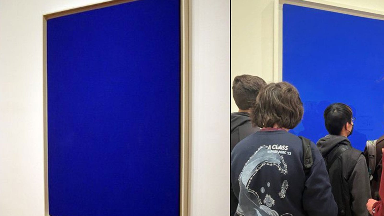 Yves Klein's Blue Monochrome at MOMA New York; high school kids marveling the painting