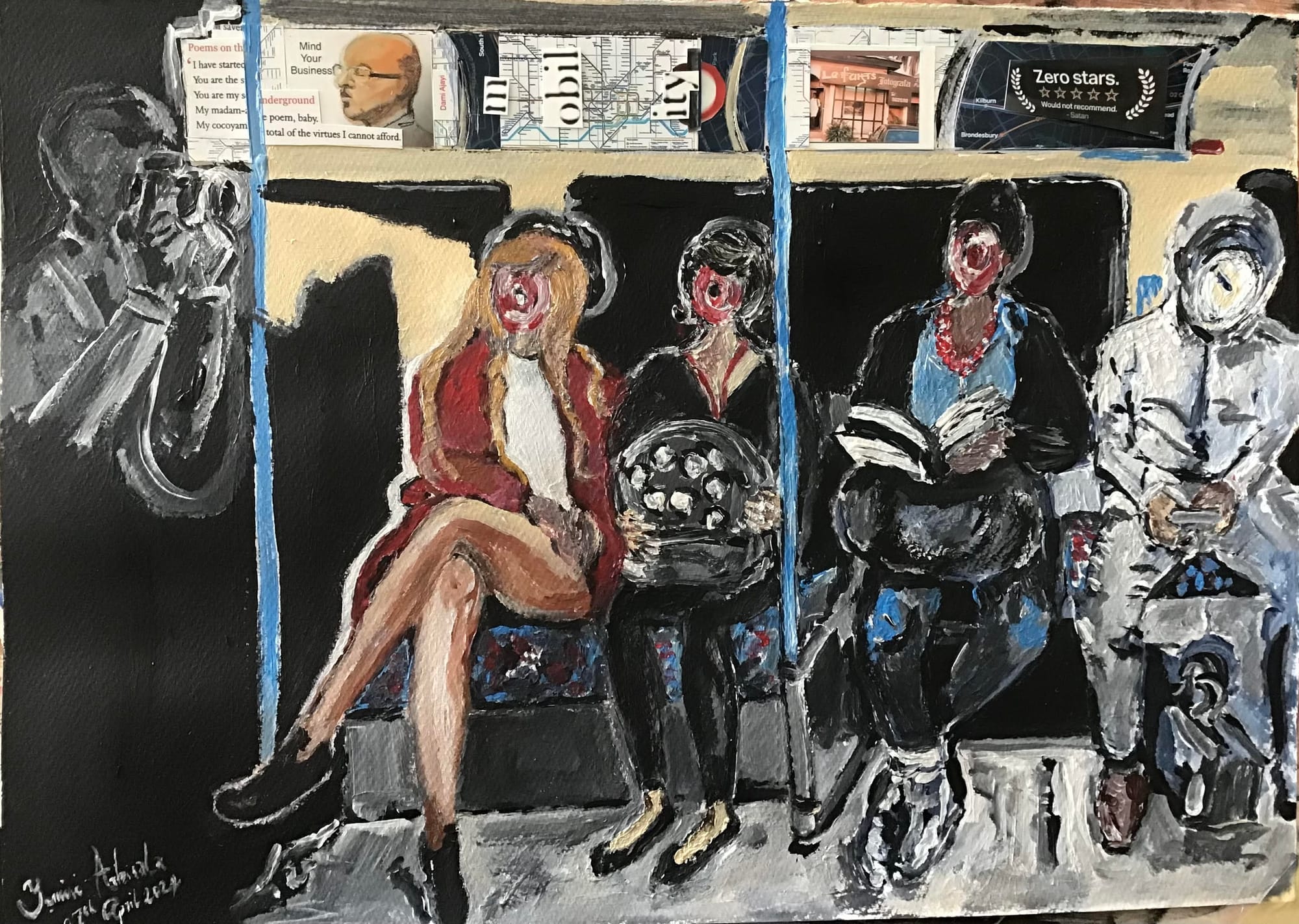 A painting abstract, swirly people seated in a subway car. The ads on the ceiling look like collages One person is reading a book, another is hold his phone. A figure in the shadows stands to the side, holding a camera to capture the scene. 