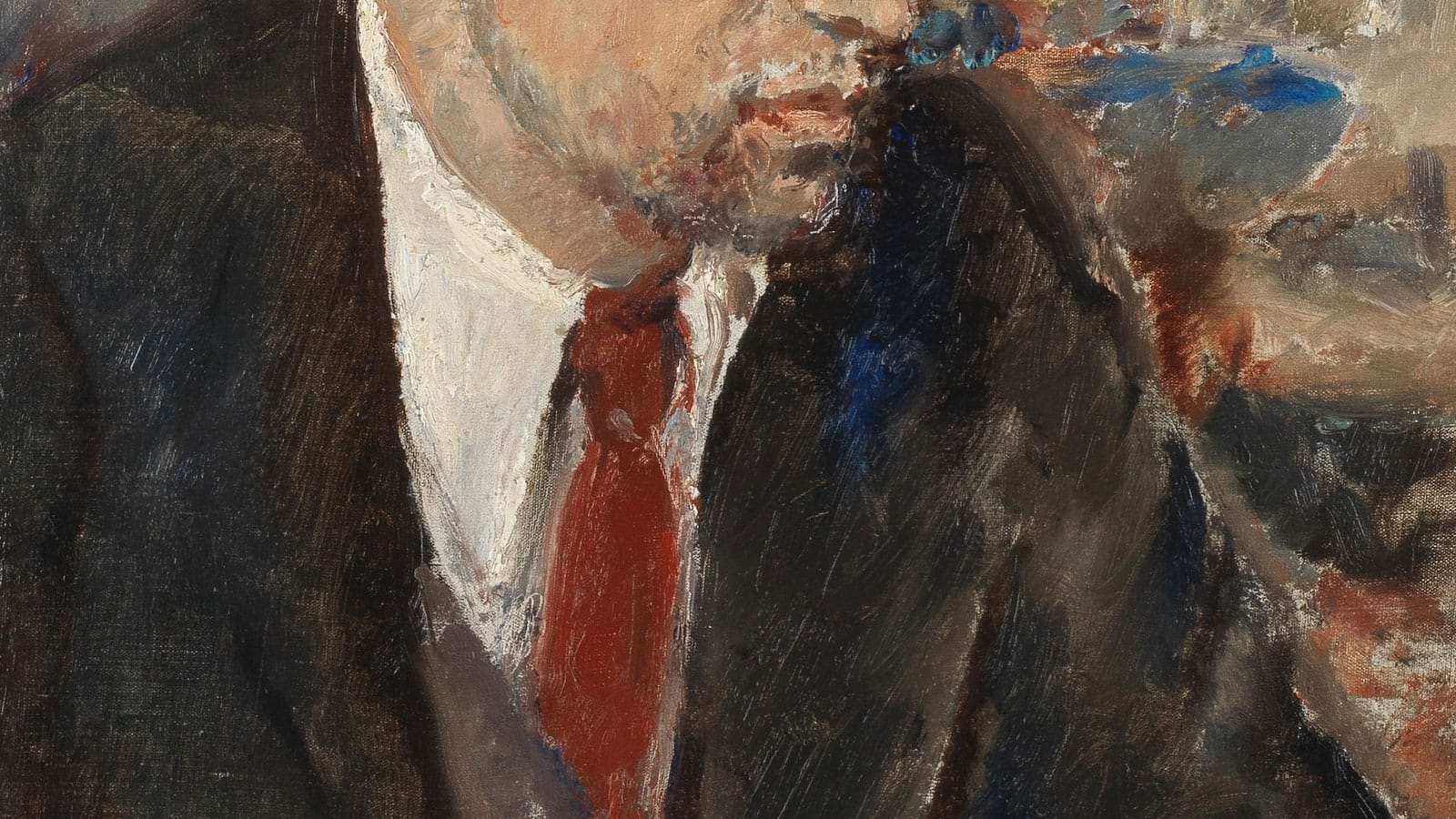 Detail of a painting ca. 1925 shows the lower face and shoulders of a young man wearing a dark jacket and waistcoat, white shirt and crimson tie.