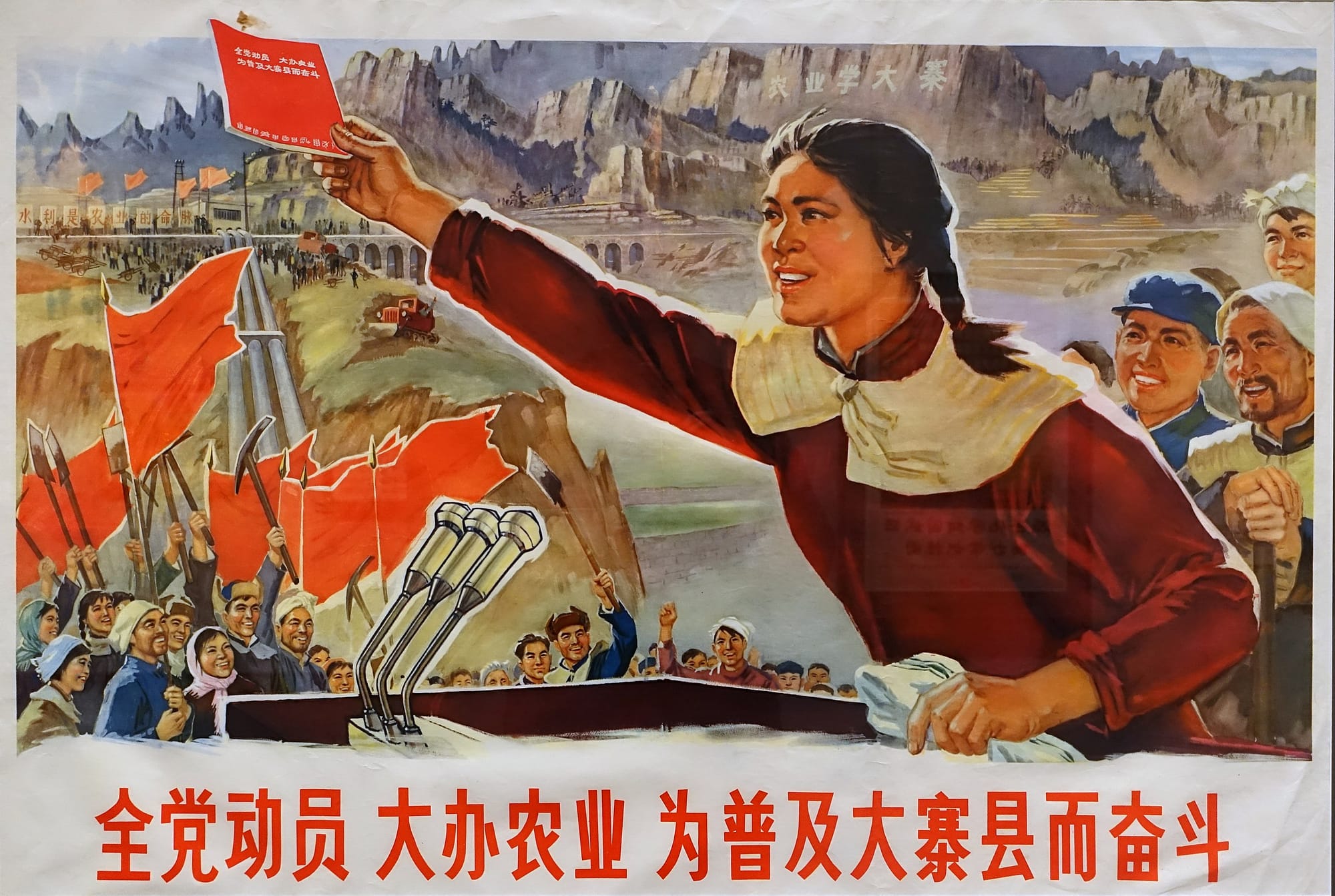 Vintage CCP poster features lady farmer giving a speech to wild acclaim, and the caption, 'The Communist Party Mobilizes All Its Members to Practice Agriculture in Order to Fight for the Popularization of Dazhai County, China'