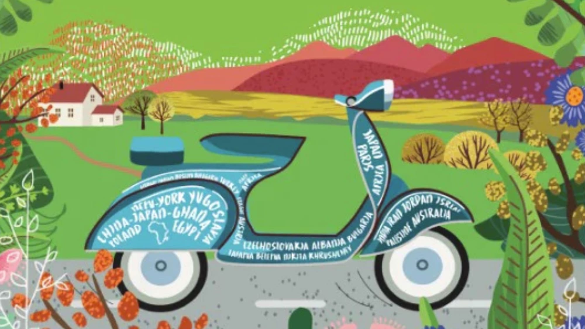 Detail from the cover of 'An African Abroad" features colorful drawing of Ọlábísí Àjàlá's famous scooter, decorated with names of places he visited, in a fantasy landscape of red mountains, green sky and fields, and bright flowers