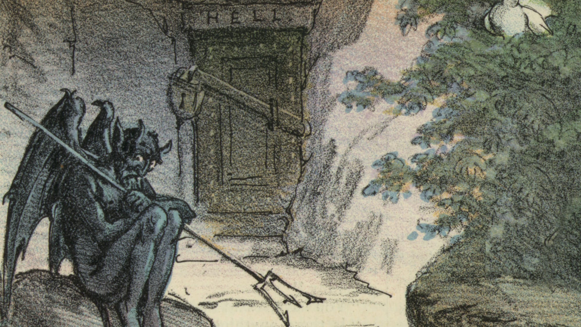 Detail from 'Sheol', Joseph Ferdinand Kepler (1889), shows a disappointed Satan, seated on a rock and holding his trident, at the locked and barred door to Hell. The very fine large scan at the Library of Congress is described thusly: “Illustration shows a number of historical figures enjoying the pleasant atmosphere of ‘Sheol’ after suffering the flames of Hell; at left is a dejected Devil sitting beneath a sign that states ‘This Business is Removed to Sheol, Opposite’. Among those ferried across the river by ‘Charon' are ‘Hypatia, Fanny Elssler, Voltaire, Frederick [the] Great, Socrates, J. Offenbach, Darwin, J.S. Mill, Rousseau, George Sand, Galileo, Jefferson, Th. Paine, Goethe, [and] H. Heine.’” 
