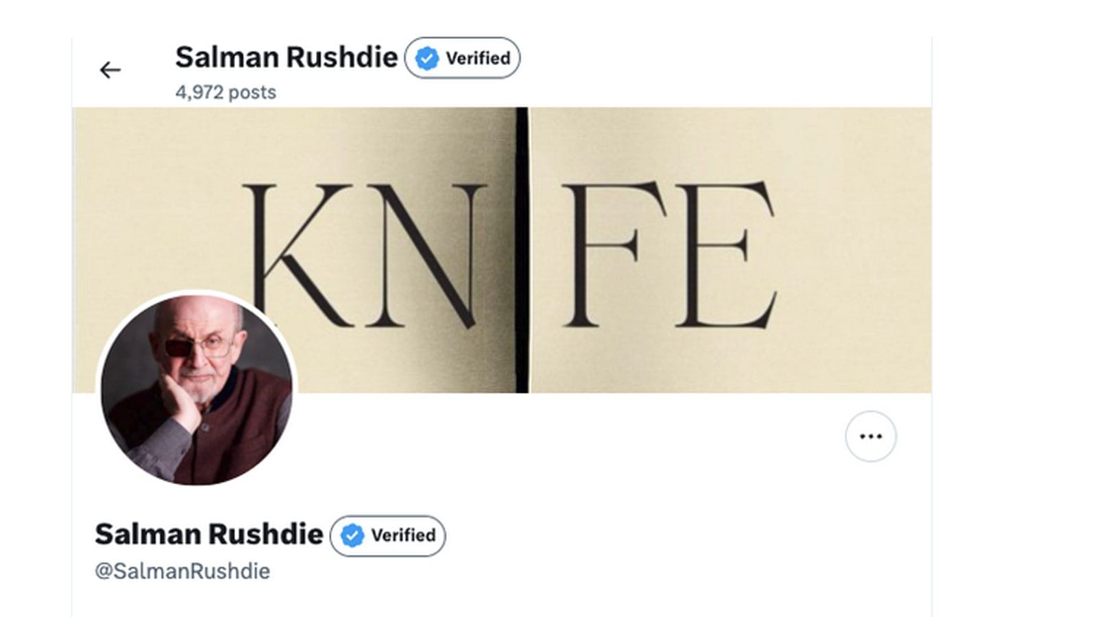 Twitter profile of the author Salman Rushdie, with avatar and blue check; cover image is the cover of his memoir, 'Knife'