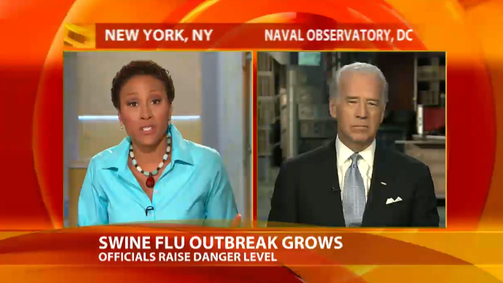 Detail from 2009 news clip of Vice President Joe Biden reporting on government guidance on H1N1 flu