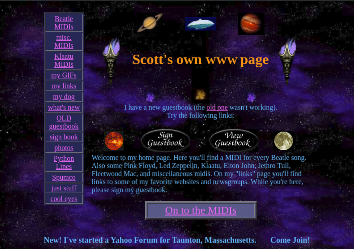 "Scott's own www page" offered MIDIs for download... and a guestbook, all in typically lurid hues