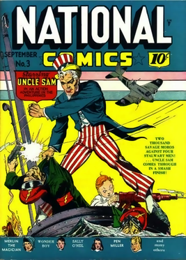 Brilliantly colored teal, yellow, red white and blue cover  of National Comics September No. 3, "Starring UNCLE SAM," who is punching a bad guy(10c)