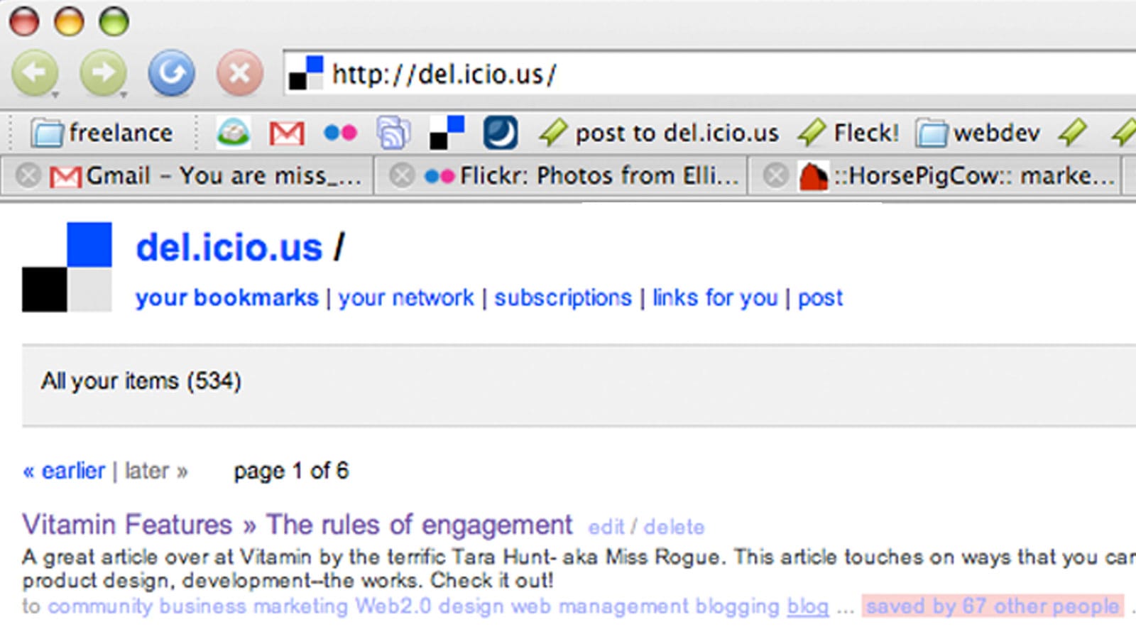 Screen grab of an early del.icio.us page with toolbars visible, featuring Flickr, Gmail and other options