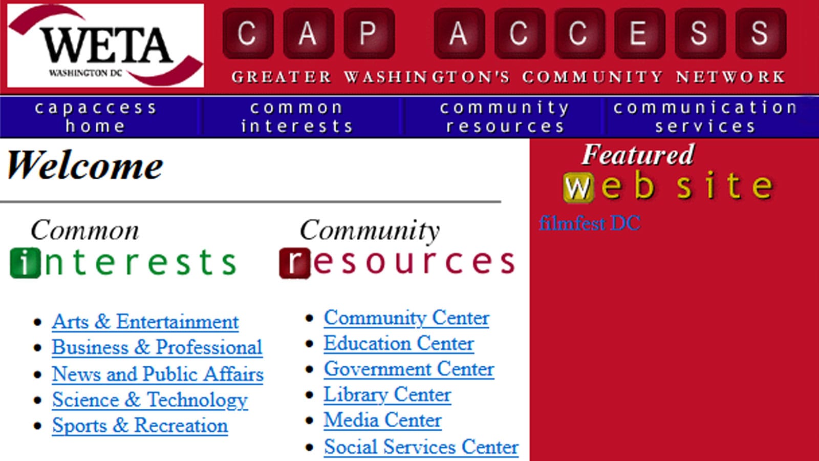 Brightly colored red, blue, green and white image from the 2001 capaccess.com home page, with links to "common interests," "community resources," "communication services," and many underlined blue links