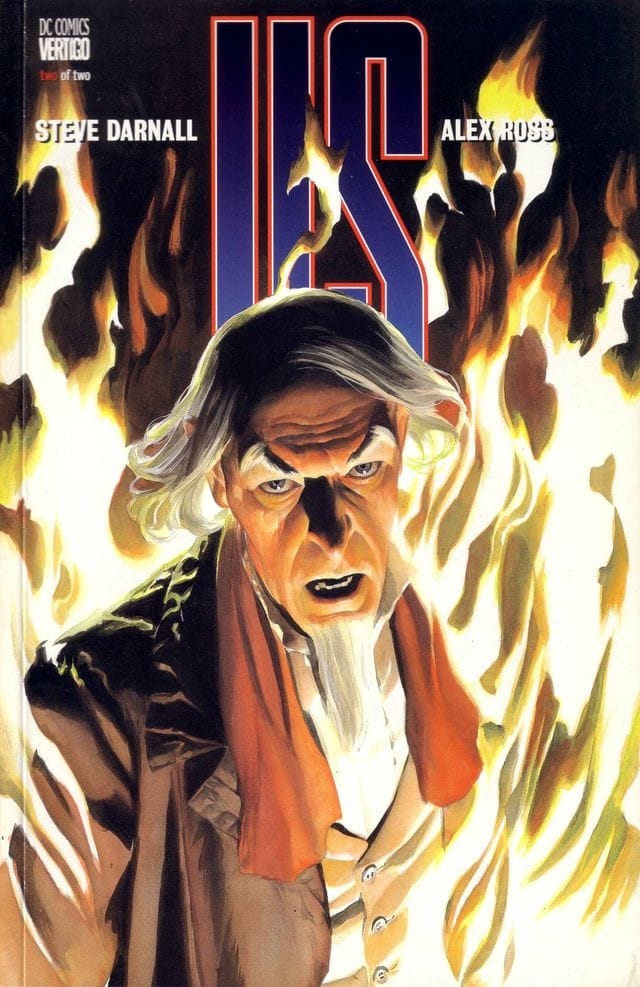 An apocalyptic vision of Uncle Sam in eighteenth-century attire, staring out of the frame, surrounded by flames, with the initials US in red, white, and blue behind him.