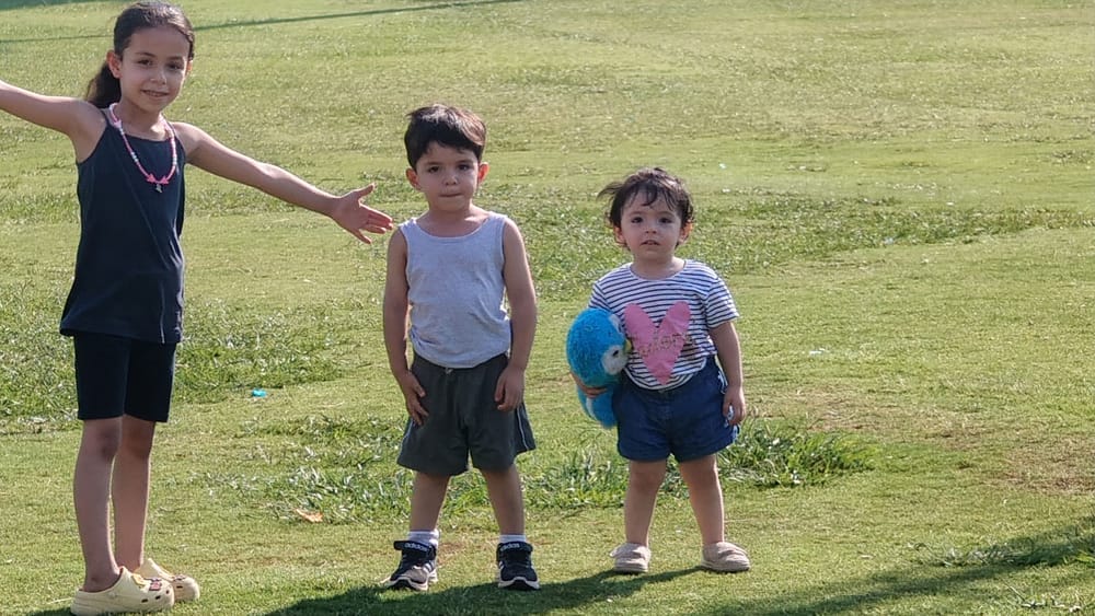 Three children in shorts and summer gear, posing for a photo on the sunny lawn of a park; the littlest girl holding a blue penguin cuddly toy