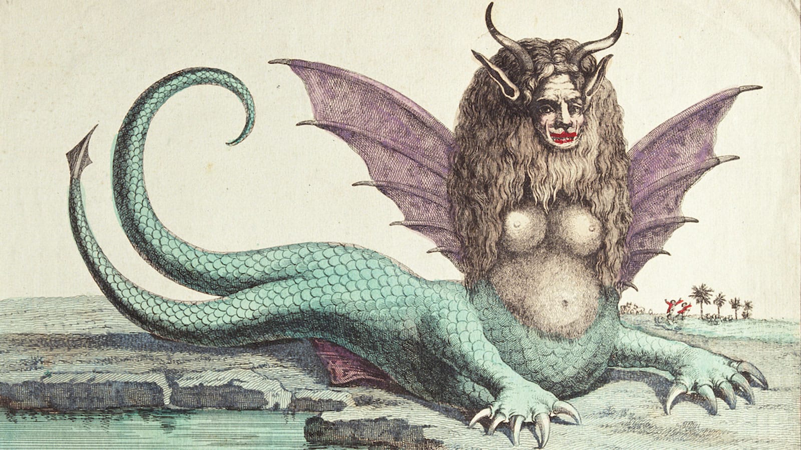 'Harpie'. Hand-coloured etching. Paris, 1773-90. Weirdest tail ever, green, scaly, lizardy, bifurcated with one end narrowing to a single point and the other having an arrowhead-like deal on the end. Lion's mane, horns, purple fins, lady's breasts, Lizard or alligator front paws with five claws each.