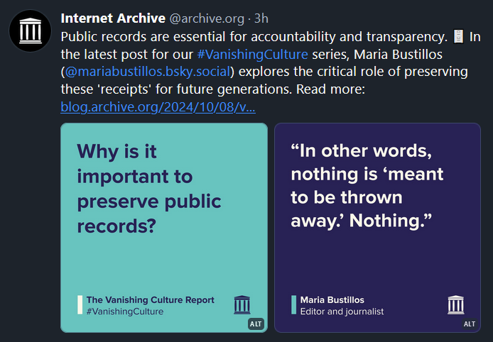 A Bluesky post from the Internet Archive: Public records are essential for accountability and transparency. 🗄️ In the latest post for our #VanishingCulture  series, Maria Bustillos (@mariabustillos.bsky.social) explores the critical role of preserving these 'receipts' for future generations. 