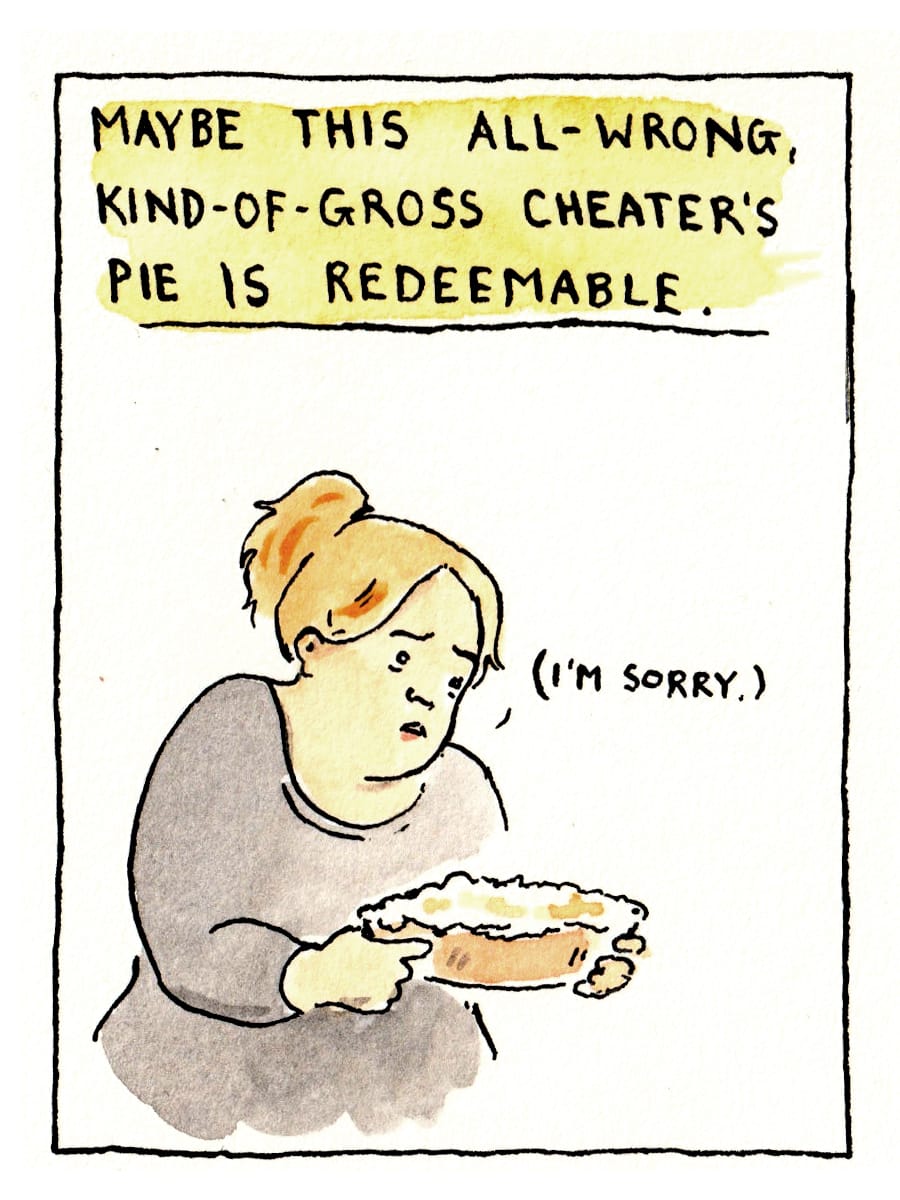 "Maybe this all-wrong, kind-of-gross cheater's pie is redeemable." The author apologizes to the pie. "(I'm sorry.)"