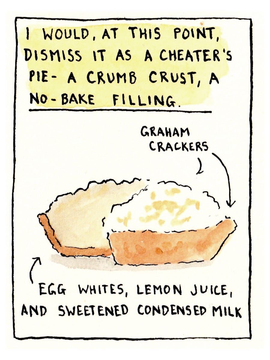 "I would, at this point, dismiss it as a cheater's pie - a crumb crust, a no-bake filling." Tasty looking pie, cut open, and ingredients listed around it: Graham crackers, egg whites, lemon juice, and sweetened condensed milk