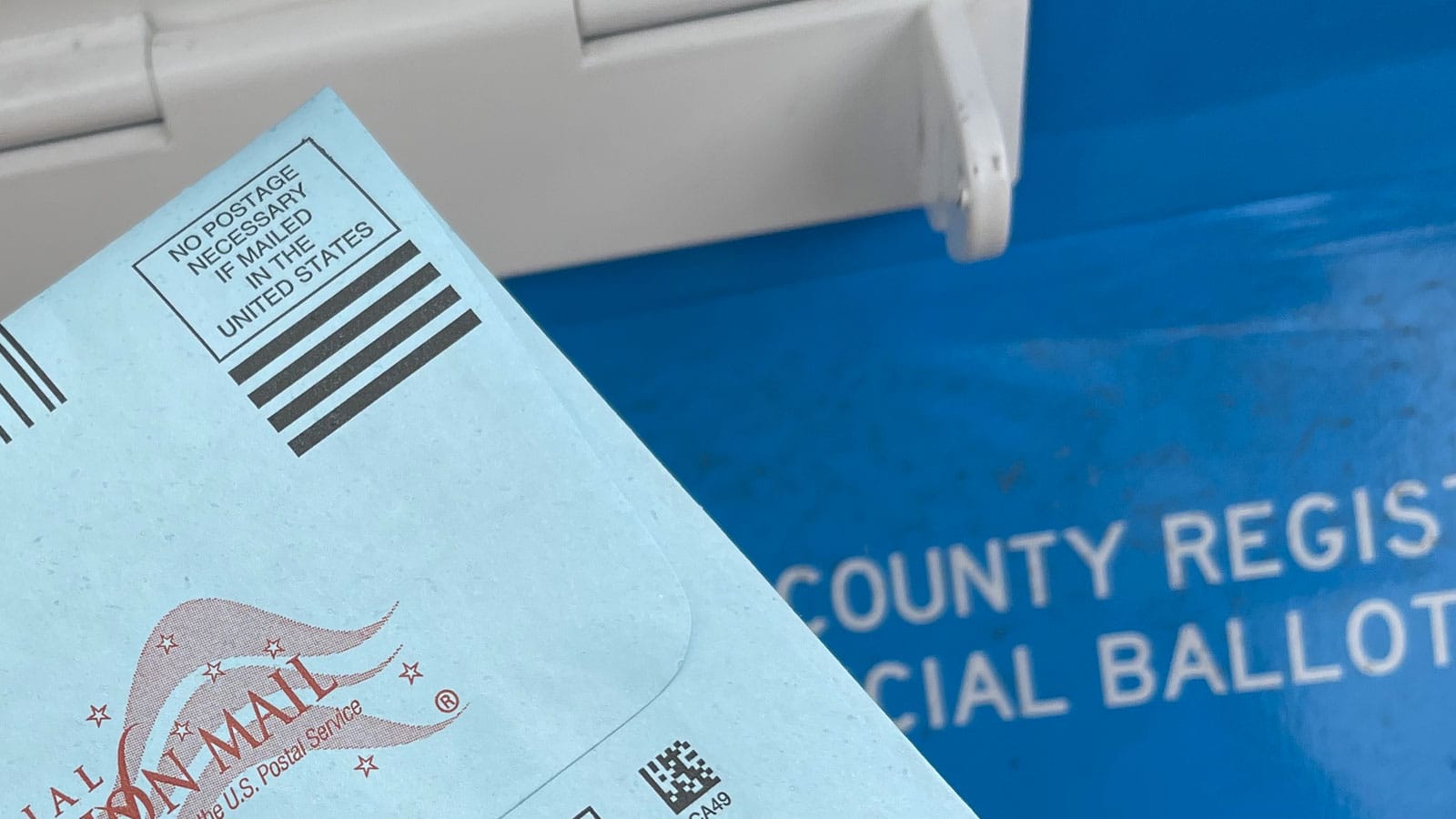 The corner of a U.S. election return envelope, ready to put in a county ballot box