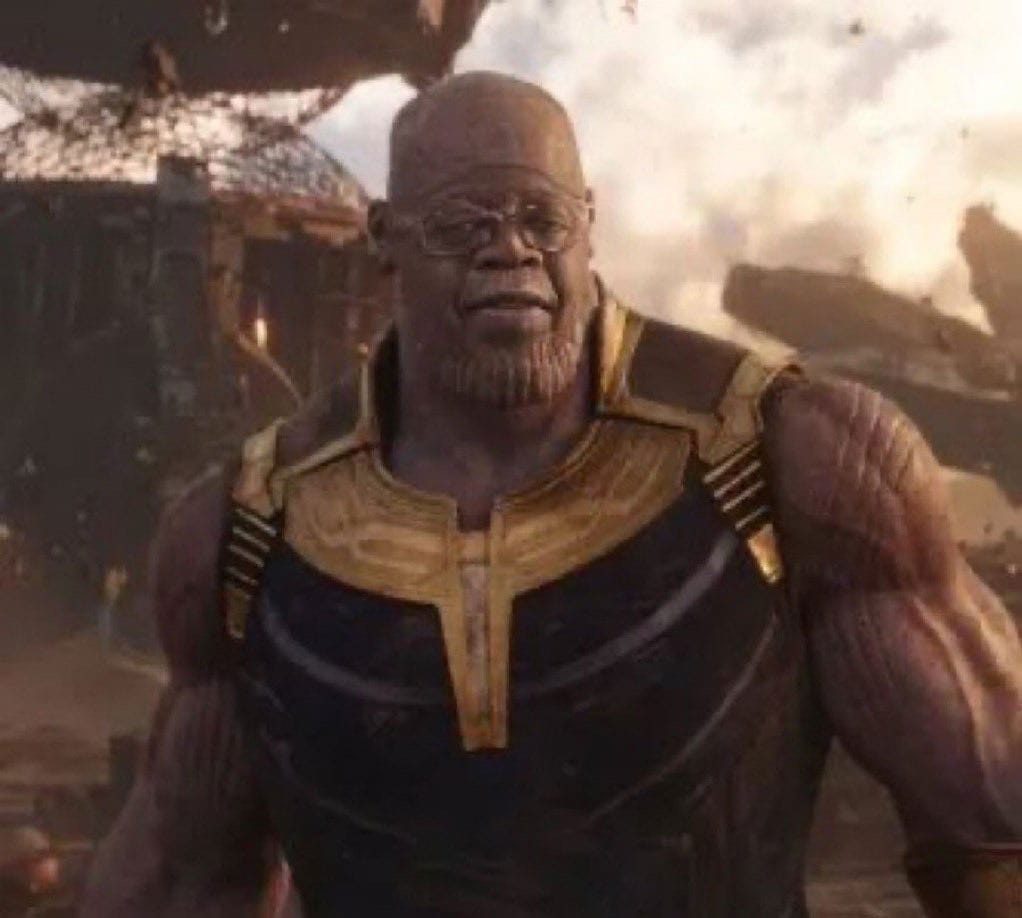 Meme of Bola Tinubu mashed up with the hypermuscular body of Thanos, the bringer of death in the Avengers films