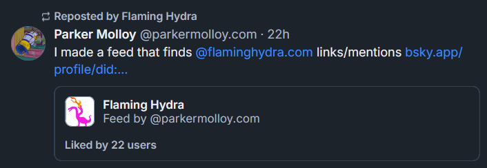 Bluesky post from Parker Molloy showing the new Flaming Hydra feed!!