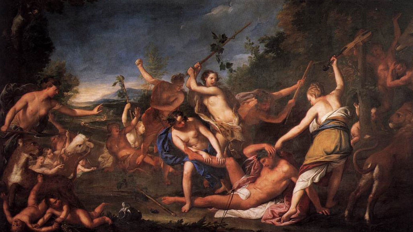 Orpheus attacked by the furious Maenads in a richly detailed 17th-century Venetian painting