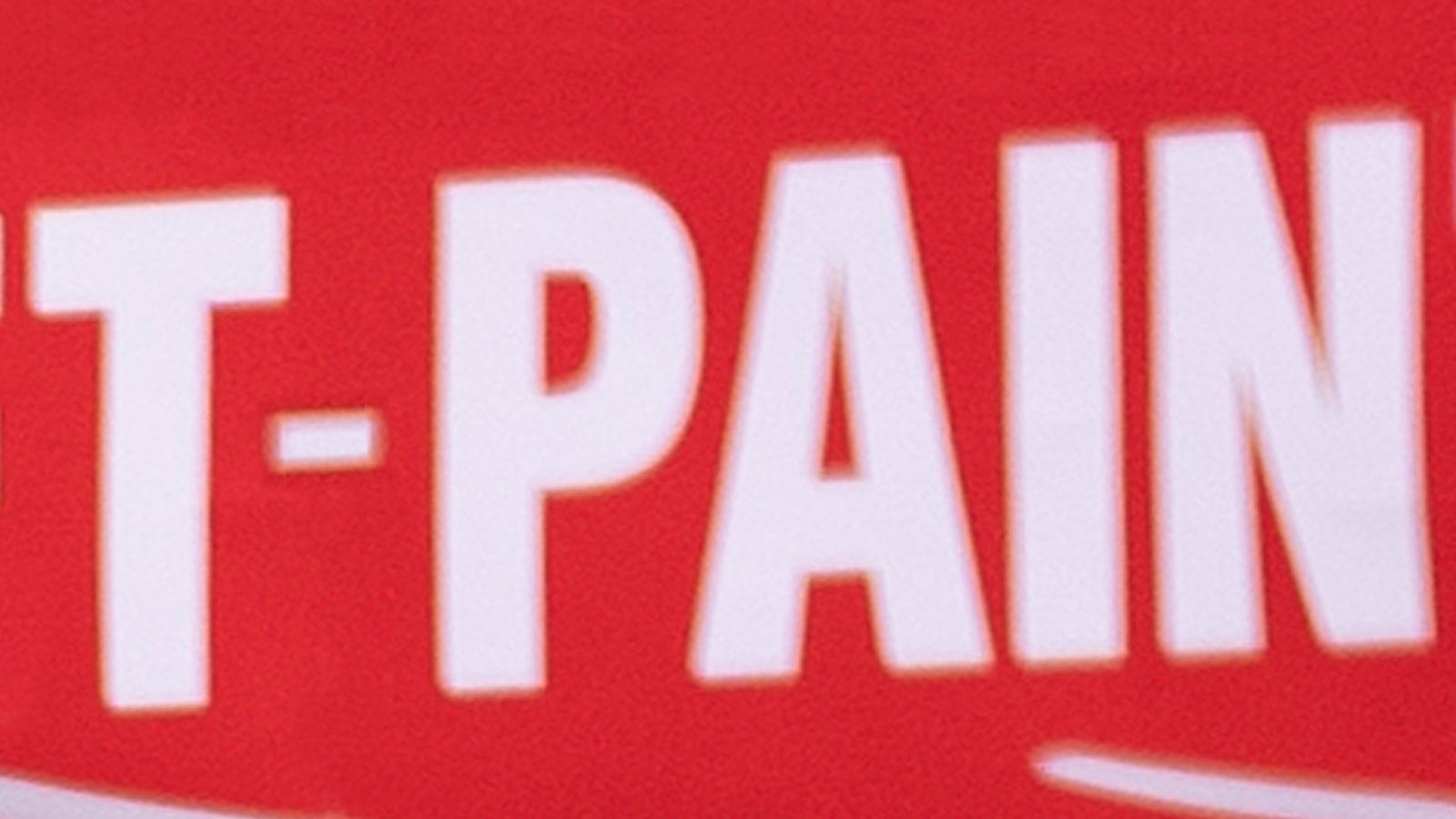 Part of a 'WET PAINT' sign altered to read 'T-PAIN' in white letters on a bright red background