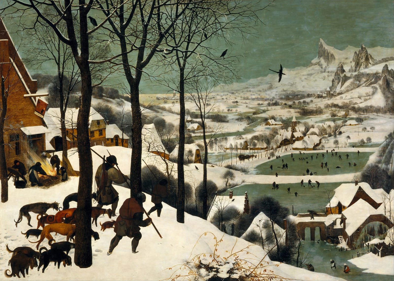 A wintry landscape depicting a village, distant snow-capped mountains, hunters returning, and skaters on a frozen pond