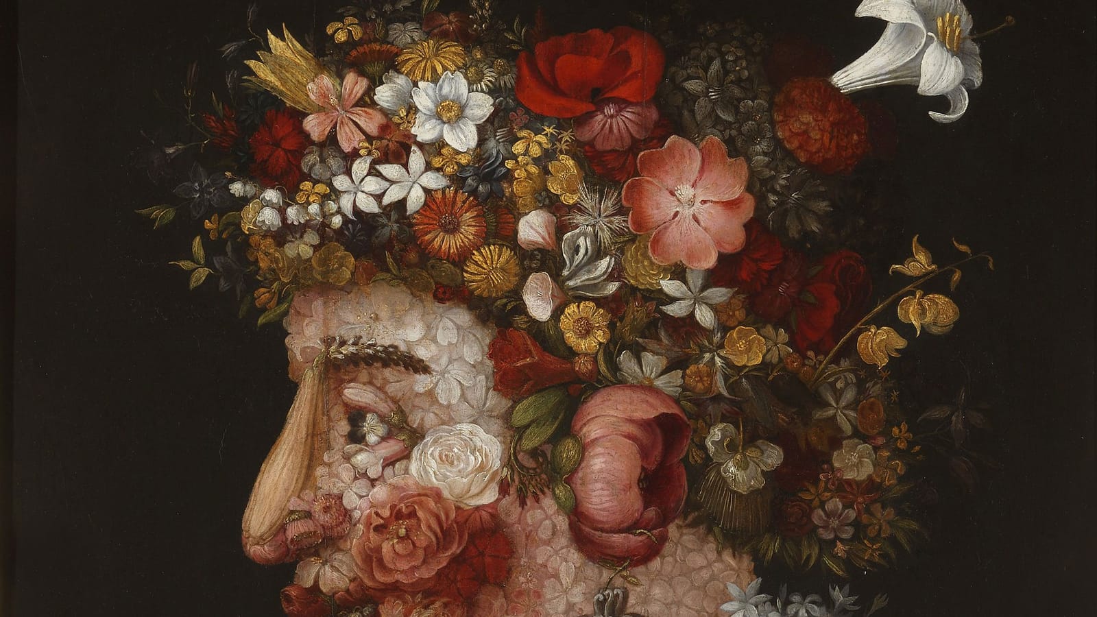 Detail from the lush, colorful portrait of a woman, composed entirely from spring flowers and petals