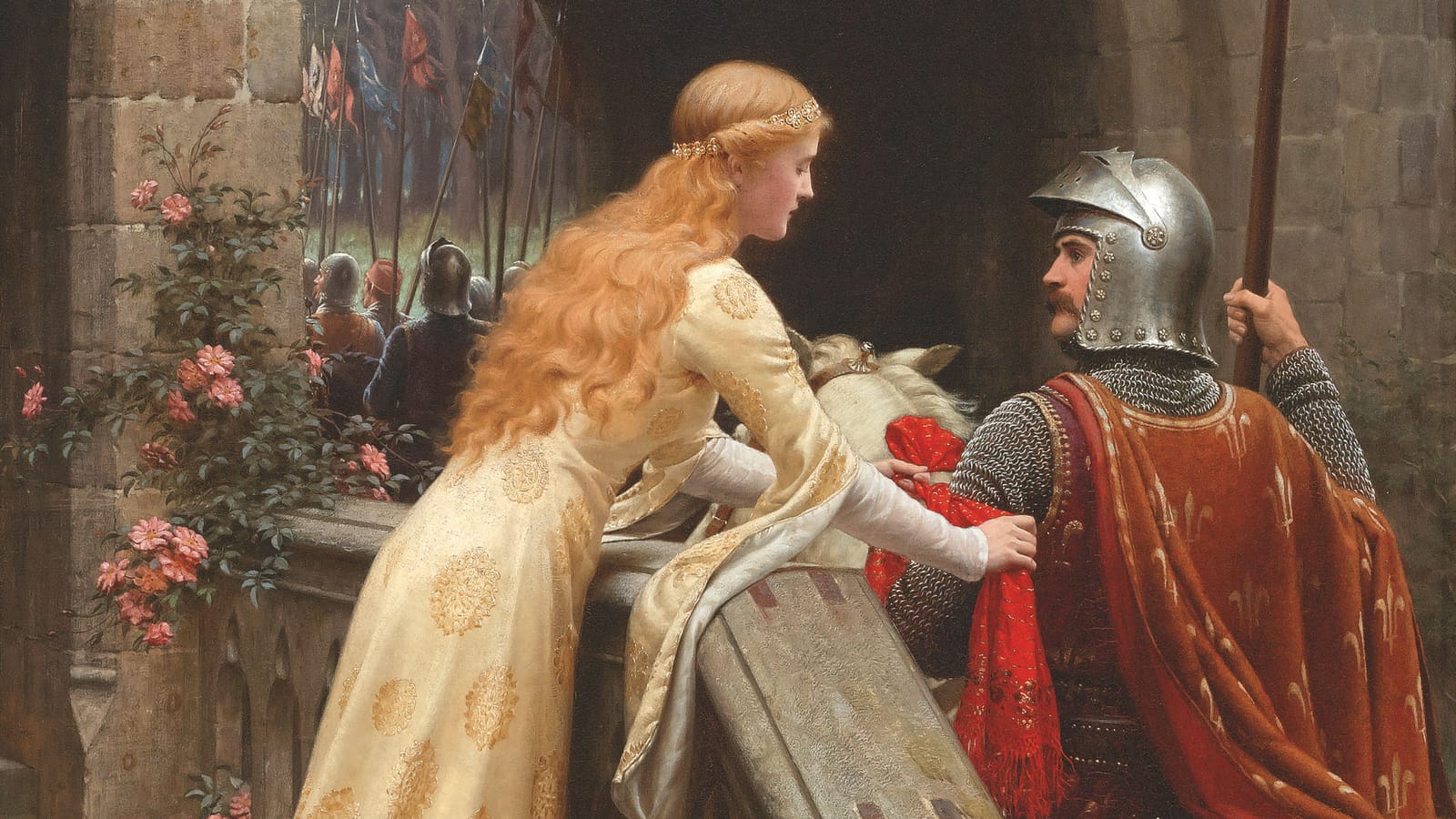 A fair lady, golden-haired, clad in silken raiment threaded with gold, bids farewell to her champion. He is astride his white steed, clad in mail, tabard, and helm, ready for battle; she is tying a red favour on his arm