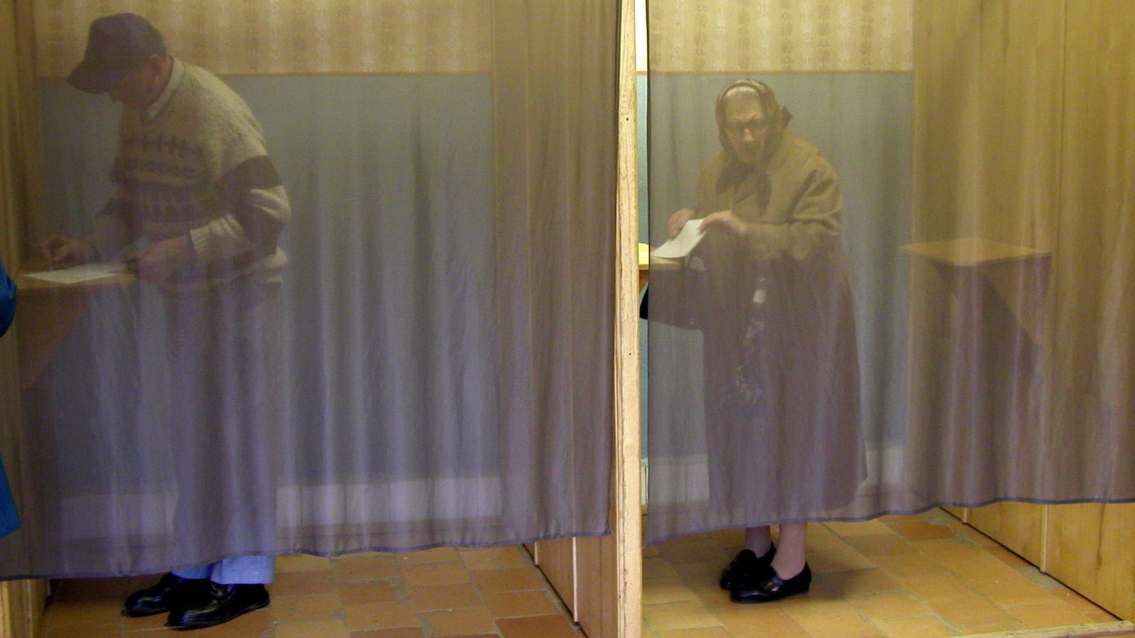 Voting booths with sheer curtains contain Flaming Hydra readers agonizing over which ten blogs to choose, because only ten are allowed