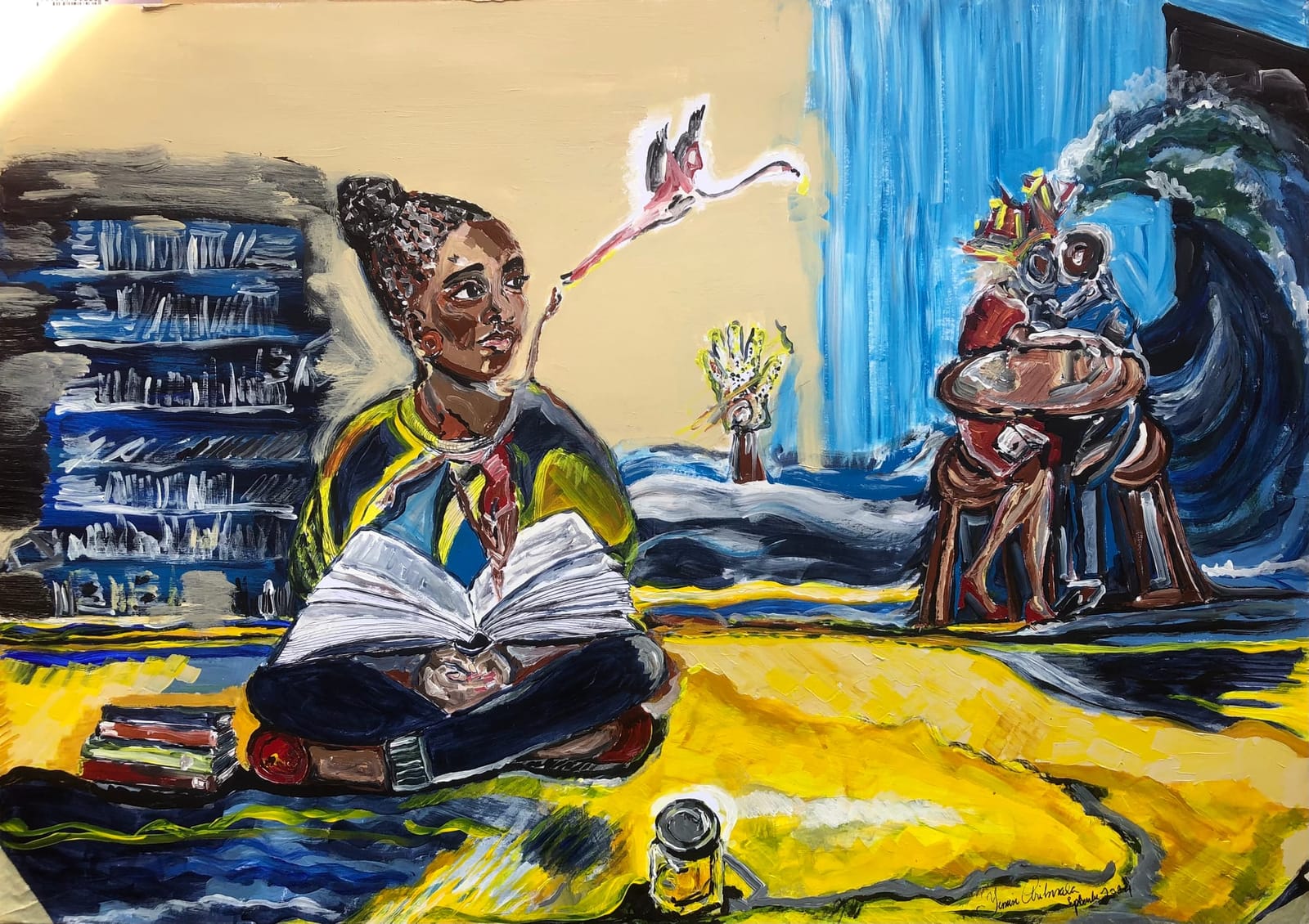 A child crosslegged, reading, looking across the ocean in which a Michael Jackson sequined glove is floating; the wave is crashing over a couple seated at a table; the woman has a book on her lap