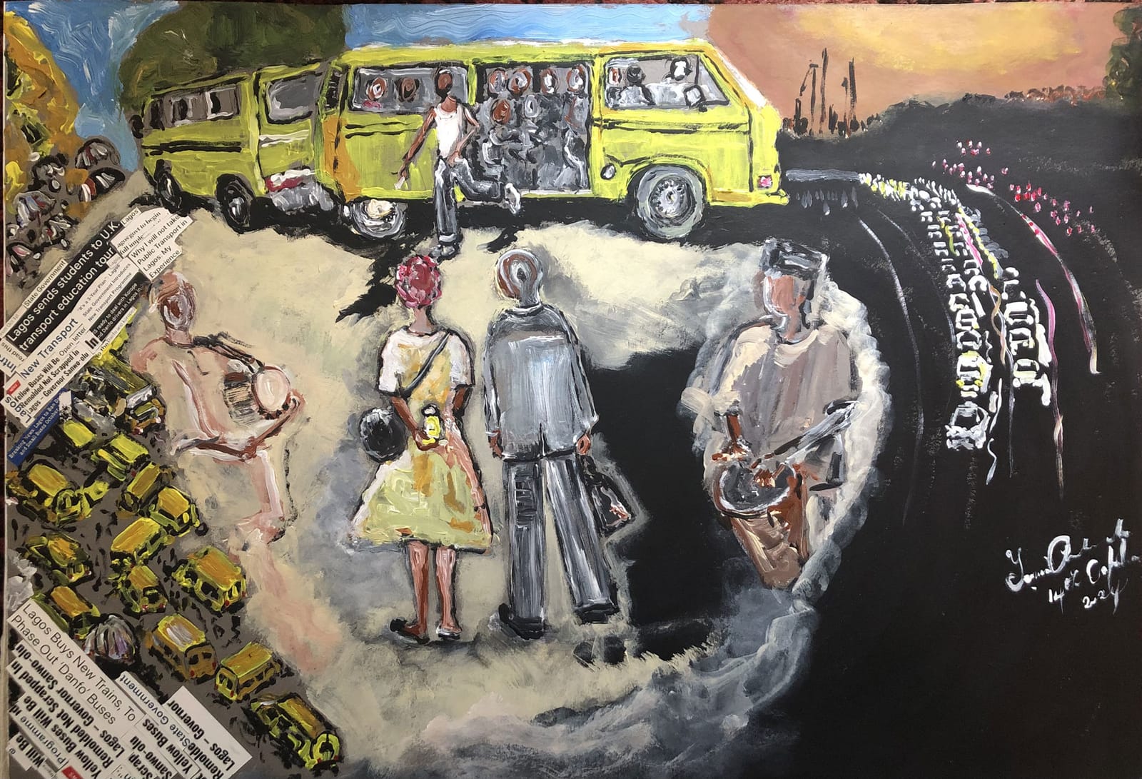 Crowds of danfos in traffic with Cubist-style collaged headlines dominate one corner of the painting; the headlines read e.g. 'Lagos sends students to U.K. transport education tour,' and 'Why I will not take Public Transport in Lagos: My Experience'. In the foreground, a drummer on the roadside, a man in a suit and a woman in a yellow dress and red headscarf before a packed danfo with a man debarking. A red sky and night traffic in the distance to the right. A very beautiful painting.