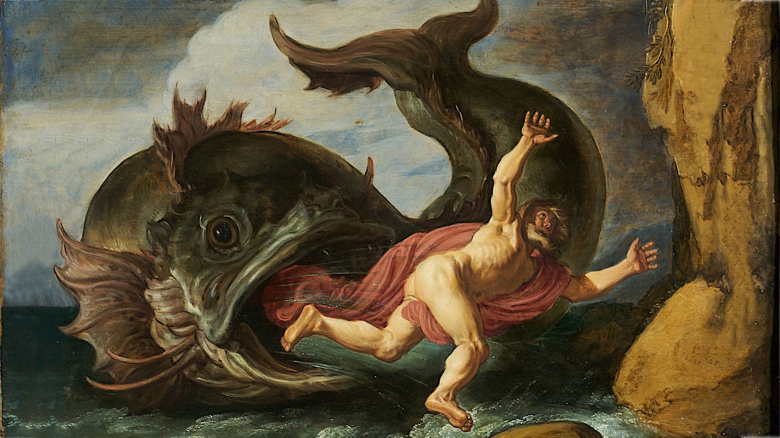 Jonah being spat out by the whale, looking fairly alarmed, his pink robes in remarkably good condition