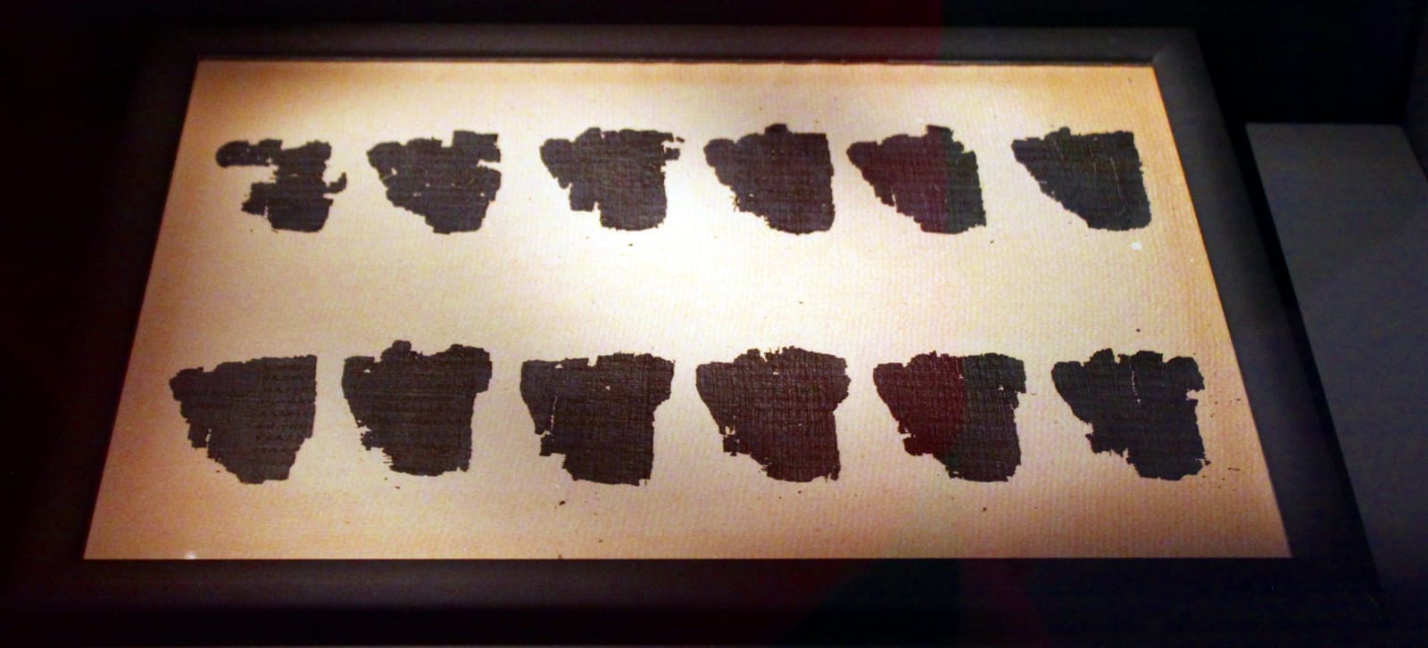 Fragments of the Derveni Papyrus displayed under glass in the  Archaeological Museum of Thessaloniki