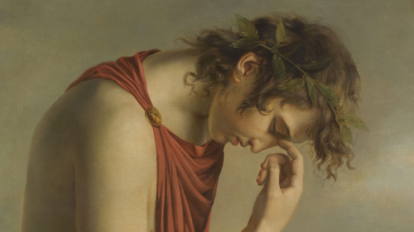 The beautiful young Orpheus, head bowed and wearing a red tunic and a laurel wreath, suffering (and no wonder)